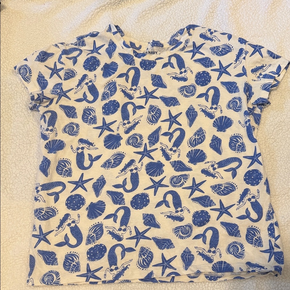 Old Navy White Tee with Blue Mermaid & Seashell Print